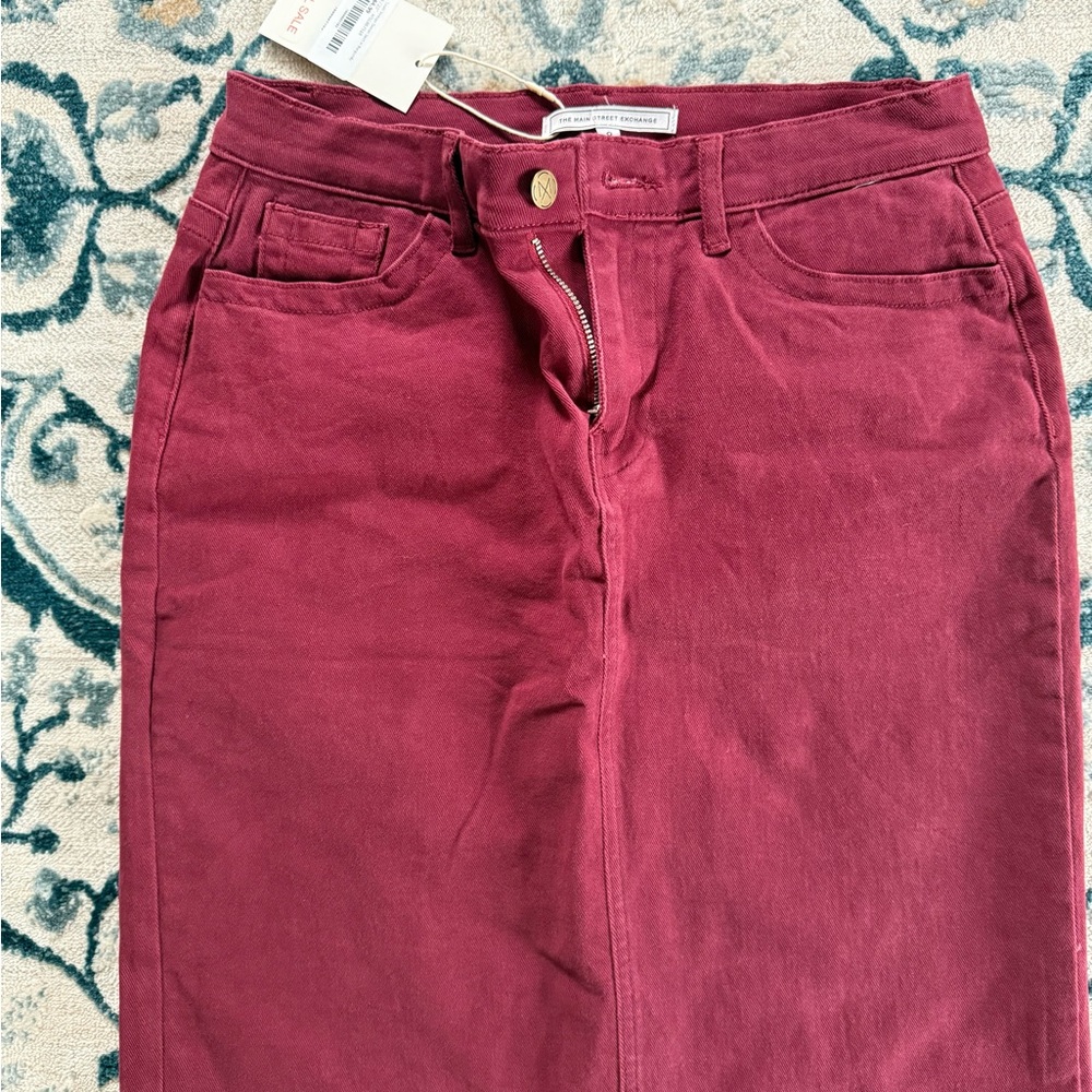 Main Street Exchange Burgundy Jean Skirt